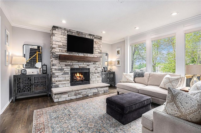 living area with ornamental molding, wood finished floors, baseboards, a stone fireplace, and recessed lighting