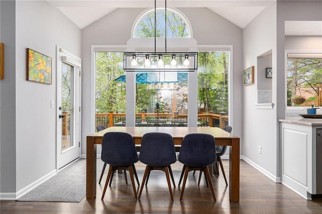 dining space with vaulted ceiling, dark wood-style flooring, healthy amount of natural light, and baseboards