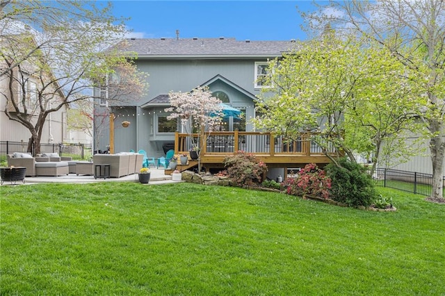 rear view of house featuring an outdoor living space, a deck, and a shingled roof