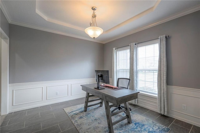 812 SW Stablewood Cir, Lees Summit, MO 64081 - office featuring a tray ceiling, healthy amount of natural light, a wainscoted wall, dark tile patterned flooring, and a decorative wall