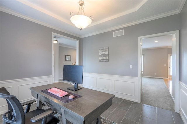 812 SW Stablewood Cir, Lees Summit, MO 64081 - home office featuring crown molding, a decorative wall, a wainscoted wall, dark colored carpet, and a tray ceiling