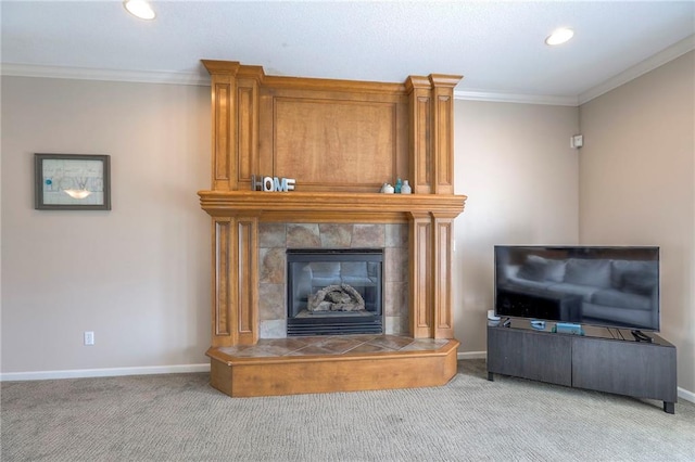 812 SW Stablewood Cir, Lees Summit, MO 64081 - carpeted living area featuring a fireplace, ornamental molding, and recessed lighting