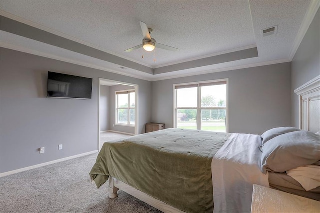 812 SW Stablewood Cir, Lees Summit, MO 64081 - carpeted bedroom with crown molding, a raised ceiling, a textured ceiling, and a ceiling fan
