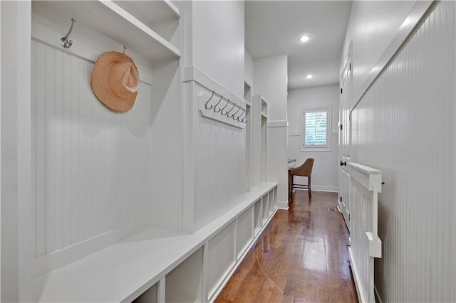 16305 Flint St, Overland Park, KS 66221 - mudroom featuring dark wood-type flooring and recessed lighting