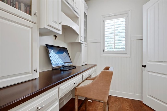 16305 Flint St, Overland Park, KS 66221 - office area with built in study area, dark wood-type flooring, wainscoting, and baseboards