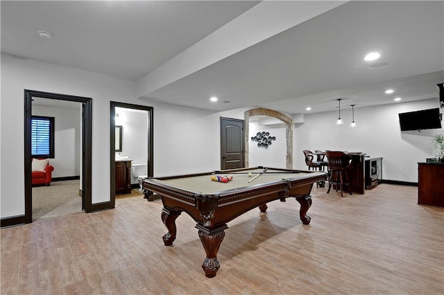 16305 Flint St, Overland Park, KS 66221 - recreation room featuring bar area, light wood-style flooring, baseboards, recessed lighting, and billiards table
