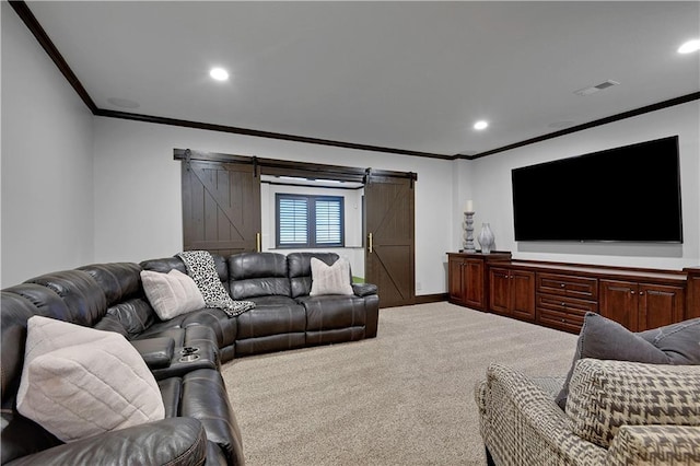 16305 Flint St, Overland Park, KS 66221 - carpeted living area featuring a barn door, ornamental molding, recessed lighting, and baseboards