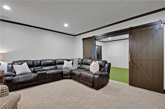 16305 Flint St, Overland Park, KS 66221 - carpeted cinema with a barn door, crown molding, and recessed lighting
