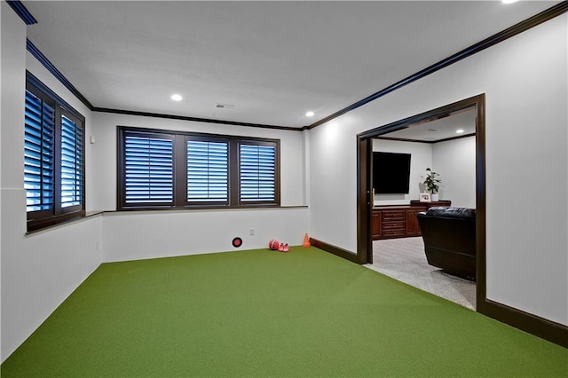 16305 Flint St, Overland Park, KS 66221 - playroom featuring ornamental molding, golf simulator, carpet, and recessed lighting