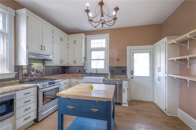 kitchen with blue cabinets, butcher block counters, under cabinet range hood, appliances with stainless steel finishes, and a sink