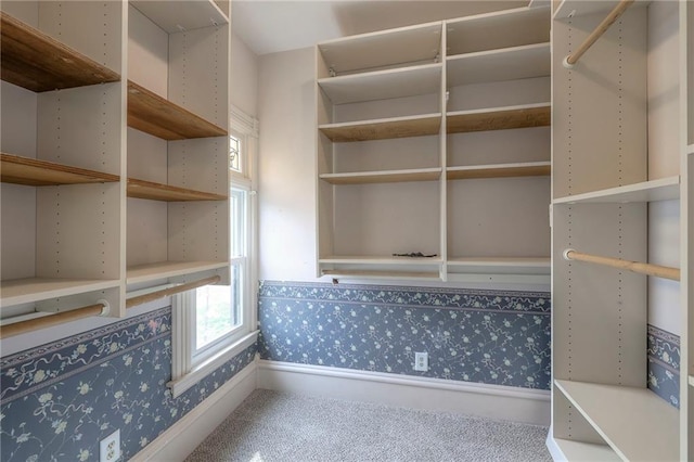 interior space with wallpapered walls and carpet floors