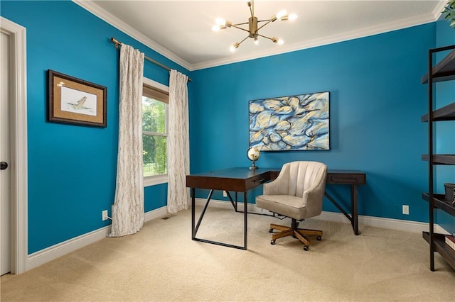 office space featuring a chandelier, carpet floors, crown molding, and baseboards