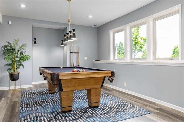 rec room with wood finished floors, baseboards, billiards table, and recessed lighting