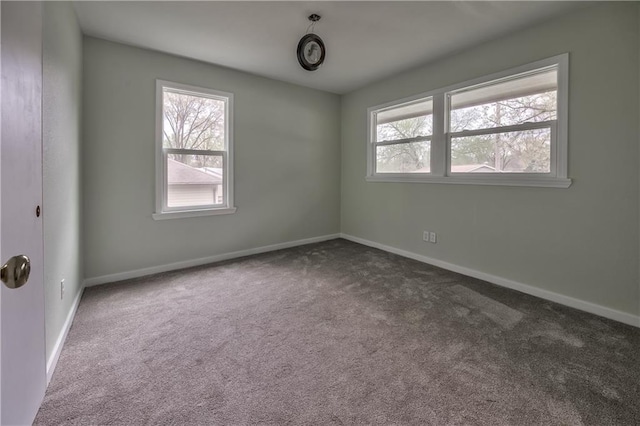 spare room featuring a wealth of natural light, carpet floors, and baseboards