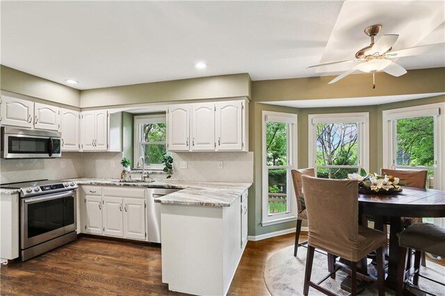 15819 W 147th Ter, Olathe, KS 66062 - kitchen featuring appliances with stainless steel finishes, a sink, white cabinetry, decorative backsplash, and recessed lighting