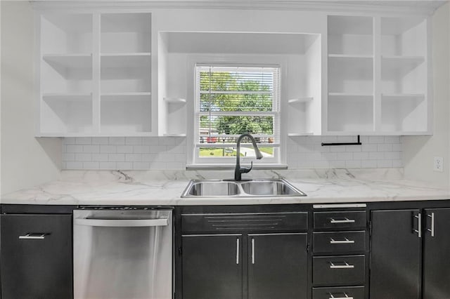 kitchen featuring dark cabinetry, open shelves, a sink, and dishwasher