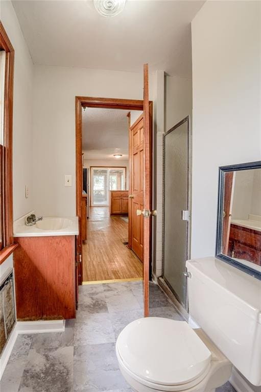full bath featuring vanity, a stall shower, and toilet