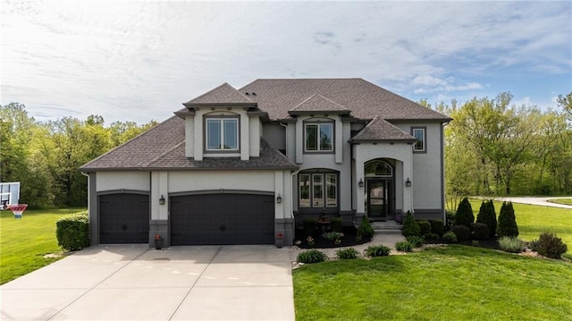 13017 Kelli Dr, Kearney, MO 64060 - french country inspired facade featuring stucco siding, a garage, concrete driveway, a front yard, and roof with shingles