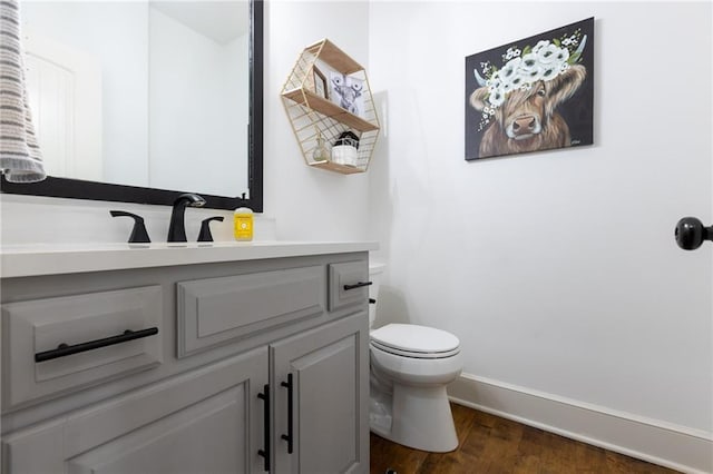13017 Kelli Dr, Kearney, MO 64060 - bathroom featuring vanity, toilet, wood finished floors, and baseboards
