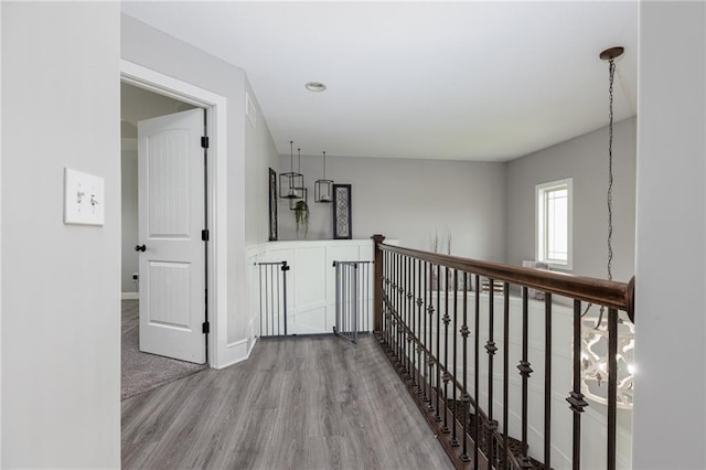 13017 Kelli Dr, Kearney, MO 64060 - hall with an upstairs landing, wood finished floors, and baseboards