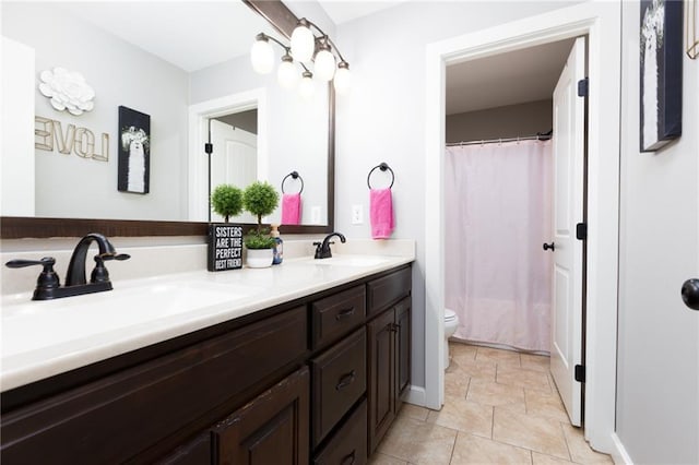 13017 Kelli Dr, Kearney, MO 64060 - full bath with toilet, double vanity, a shower with shower curtain, and tile patterned flooring