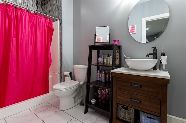13017 Kelli Dr, Kearney, MO 64060 - full bathroom featuring curtained shower, marble look tiles, toilet, and vanity
