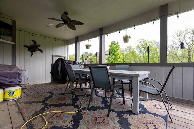 13017 Kelli Dr, Kearney, MO 64060 - view of patio with a deck, a ceiling fan, and outdoor dining area