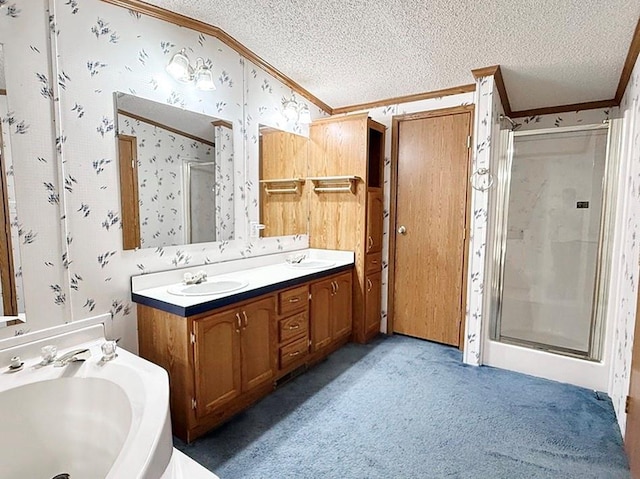 bathroom featuring crown molding, a stall shower, and a sink