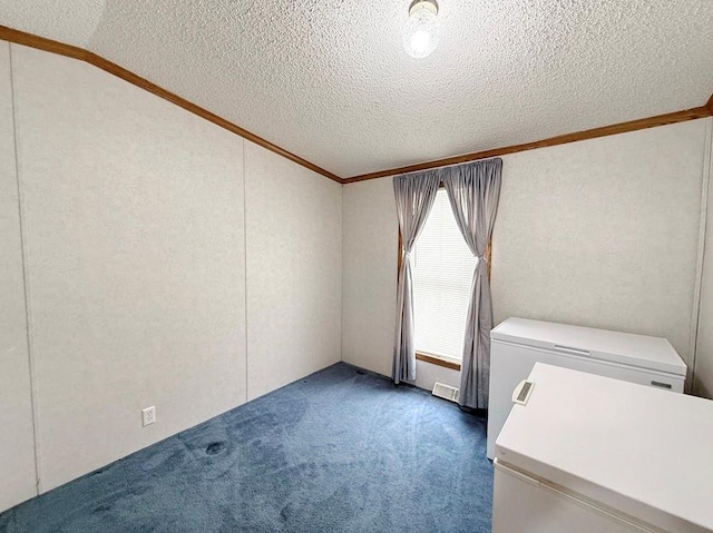 spare room featuring carpet flooring, a textured ceiling, and crown molding