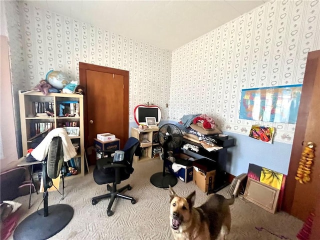 office area featuring carpet and wallpapered walls
