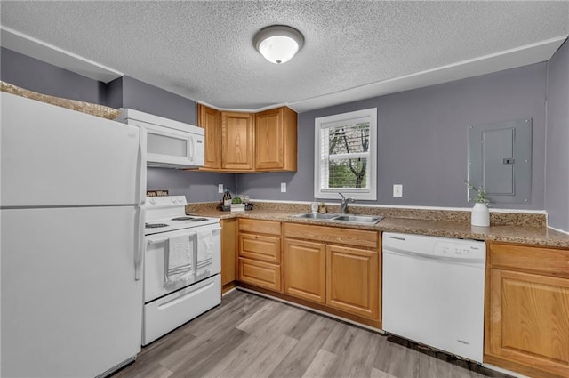 5315 Hardy Ave, Raytown, MO 64133 - kitchen featuring a sink, light wood finished floors, white appliances, a textured ceiling, and electric panel