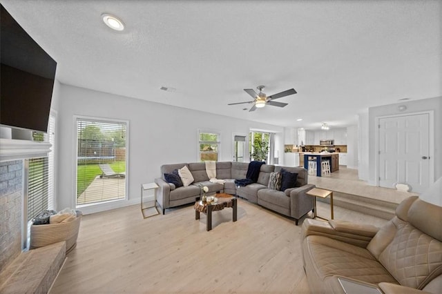 living room with a ceiling fan, a healthy amount of sunlight, and light wood finished floors