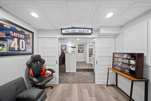 office space with recessed lighting and wood finished floors