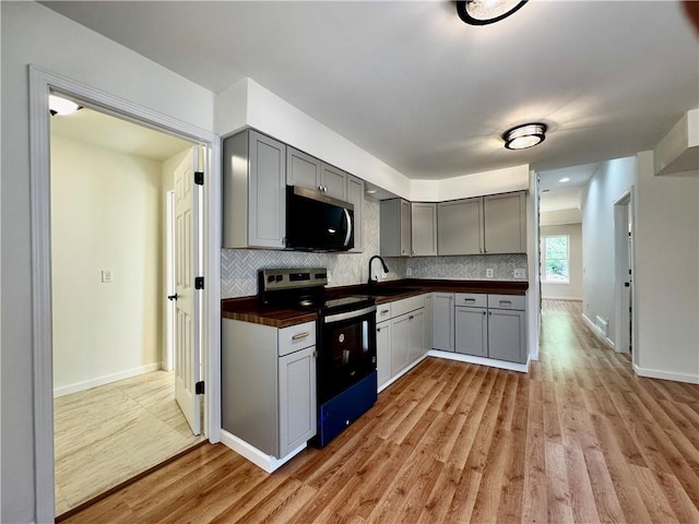 1502 6th Ave, Saint Joseph, MO 64505 - kitchen with electric range, butcher block countertops, light wood-type flooring, gray cabinets, and stainless steel microwave