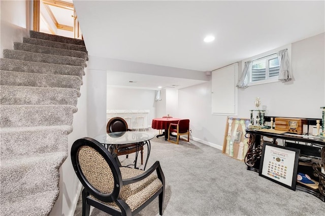 interior space with carpet flooring, recessed lighting, and baseboards