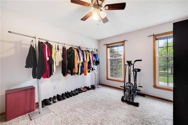 workout room featuring a textured ceiling, baseboards, a healthy amount of sunlight, and carpet