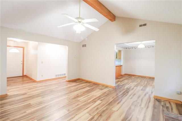 unfurnished living room with visible vents, vaulted ceiling with beams, and light wood-style floors