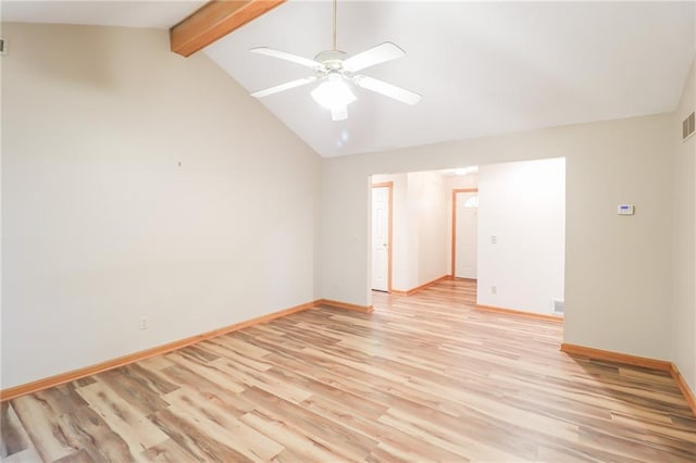 unfurnished room with baseboards, lofted ceiling with beams, ceiling fan, and light wood finished floors