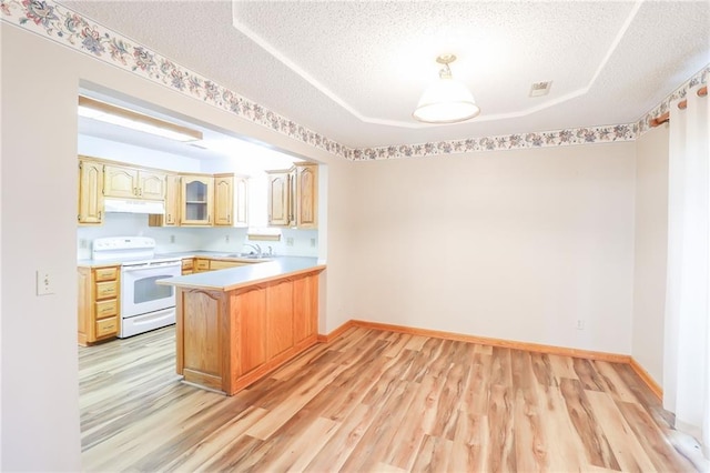 kitchen featuring a peninsula, light wood-style flooring, under cabinet range hood, white electric range oven, and a textured ceiling