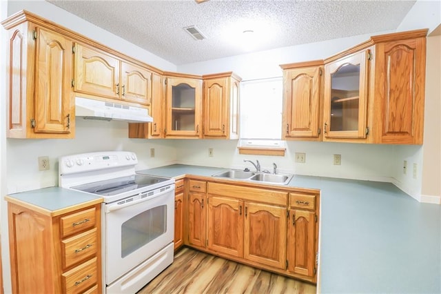 kitchen with glass insert cabinets, under cabinet range hood, white range with electric stovetop, a sink, and visible vents