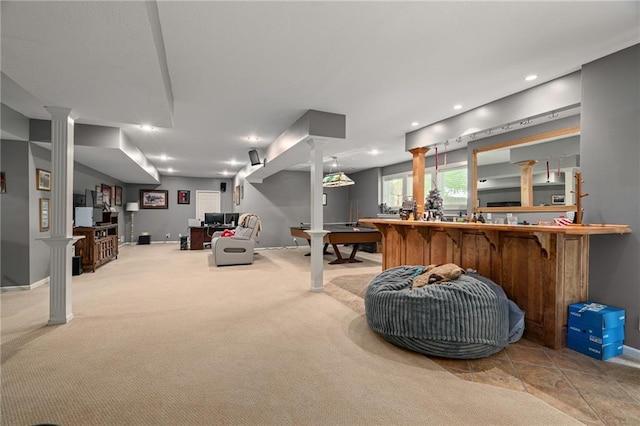 6715 NW 102nd Ter, Kansas City, MO 64154 - below grade area with carpet floors, recessed lighting, baseboards, and billiards table