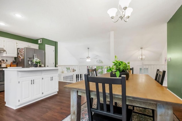 17525 W 111th Ct, Olathe, KS 66061 - dining space with a chandelier, dark wood-type flooring, ceiling fan, and lofted ceiling