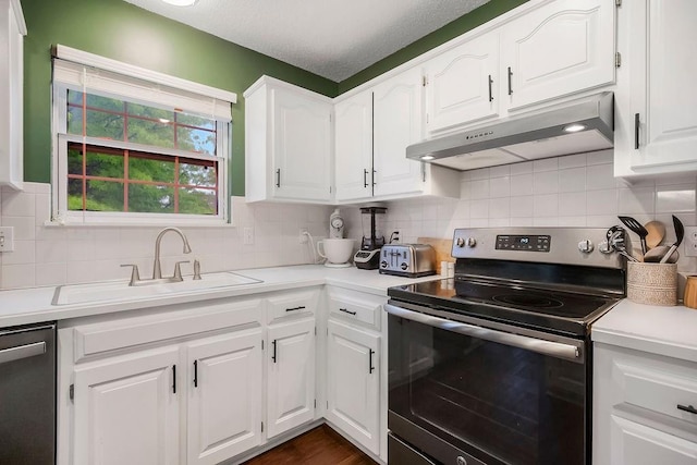 17525 W 111th Ct, Olathe, KS 66061 - kitchen with appliances with stainless steel finishes, under cabinet range hood, a sink, white cabinets, and tasteful backsplash
