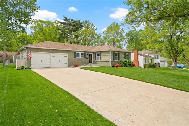ranch-style house featuring fence, a front lawn, brick siding, a garage, and concrete driveway