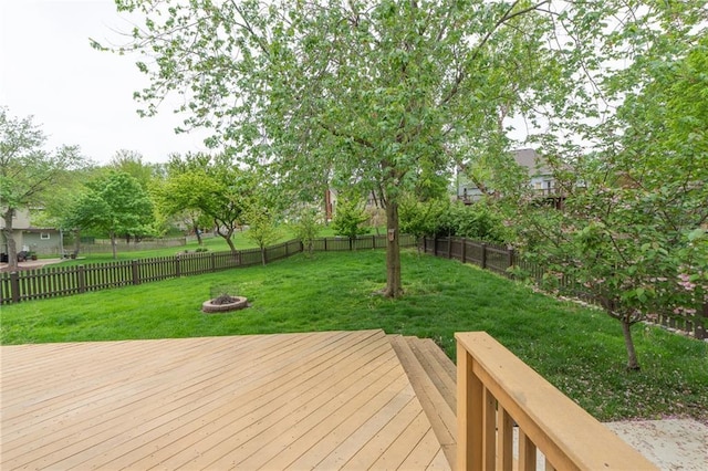 deck with a fire pit, a fenced backyard, and a lawn