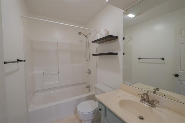 full bathroom with bathing tub / shower combination, toilet, and vanity