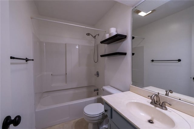 full bathroom featuring toilet,  shower combination, and vanity