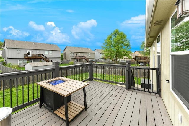 2136 Alder St, Leavenworth, KS 66048 - deck featuring a residential view, a fenced backyard, a yard, and a fire pit