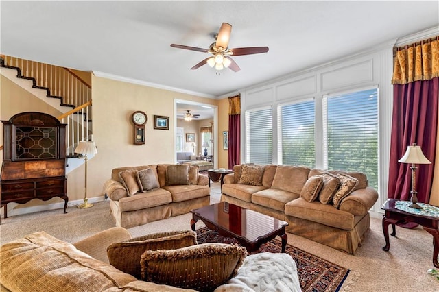 9800 W 147th St, Overland Park, KS 66221 - living area with carpet flooring, ceiling fan, stairway, and ornamental molding