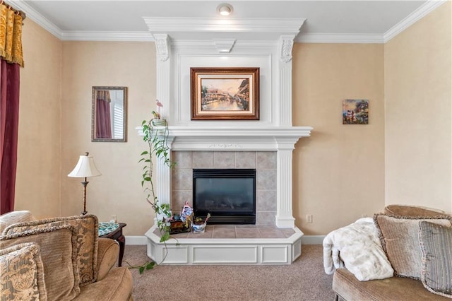 9800 W 147th St, Overland Park, KS 66221 - living room featuring crown molding, carpet floors, and a fireplace